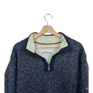 Orvis Men's Large 1/4 Zip Pullover Knit Fleece Sweater Sherpa Lined Blue